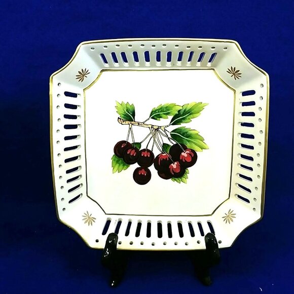 Hand Painted Ceramic Plates Pears Cherries Motif Square Lattice Design 2-Pc Set - Picture 3 of 9